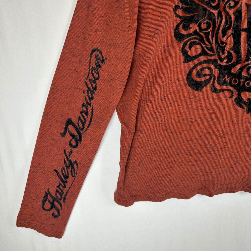 Harley-Davidson Womens 3W Rust Orange Space Dye Hooded Henley Flocked Top 2014 - Picture 12 of 12